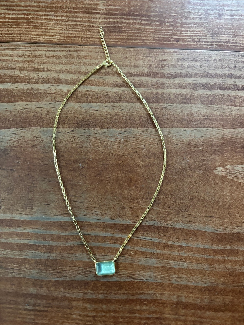 Gold Box Chain Necklace with Light Blue Rectangular Gem Adjustable 16-18 inch